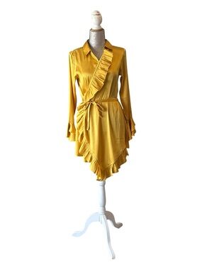 ASOS Sacred Hawk Mustard Gold Satin Ruffle Wrap Mini Dress Size XS